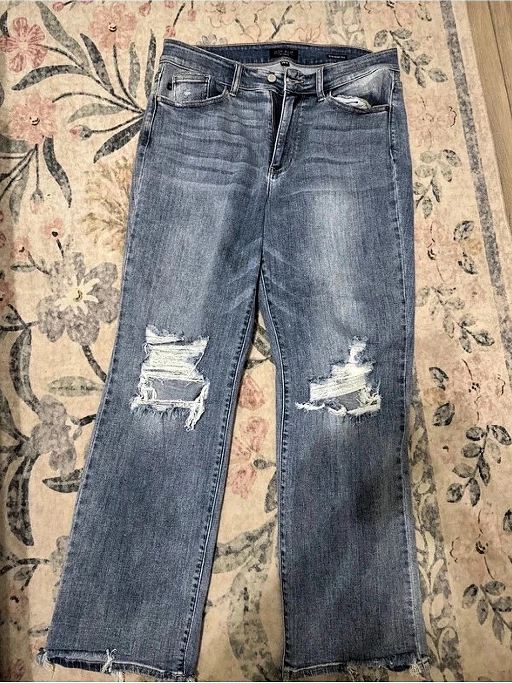 Judy Blue Straight Fit Distressed Straight Leg Jeans Blue Waist 14W
